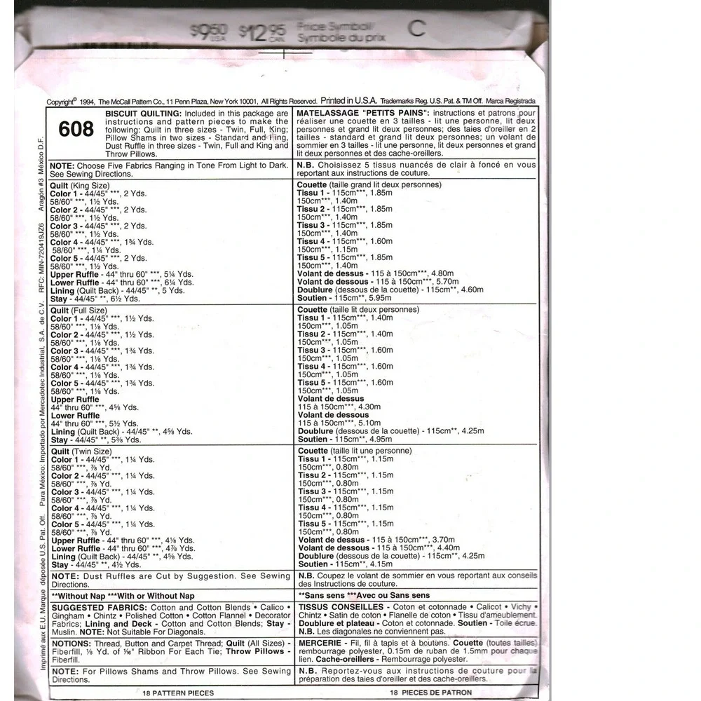 McCalls 608 Donna Babylon Biscuit Quilt Pattern Twin Full King Shams Pillows